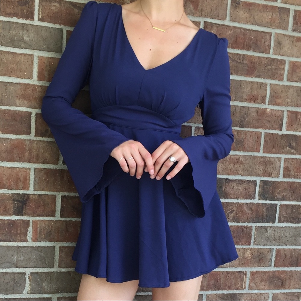 Bell Sleeve Open Back Blue Dress